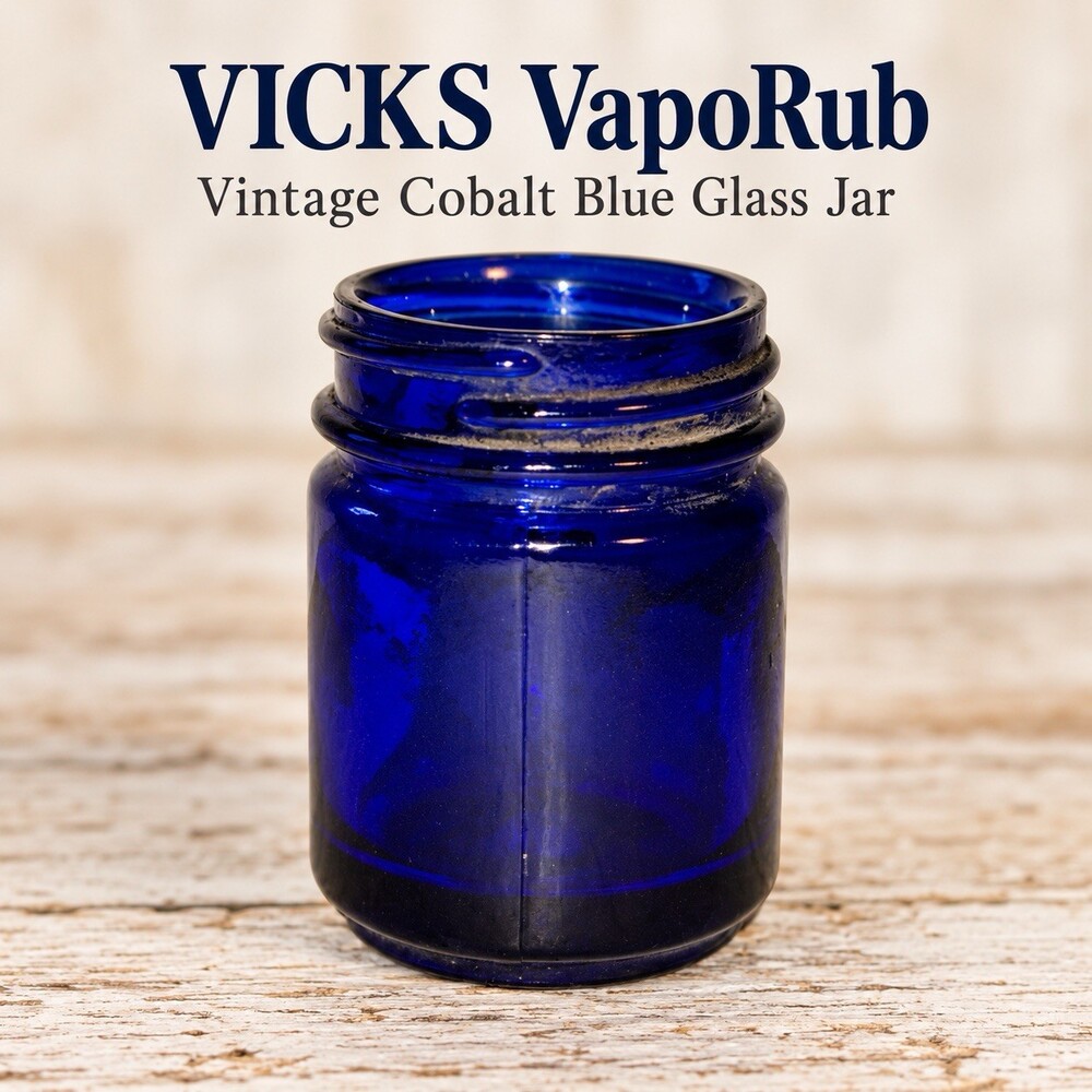 Vintage VICKS VAPORUB Cobalt Blue Small Glass Jar EMPTY No Lid